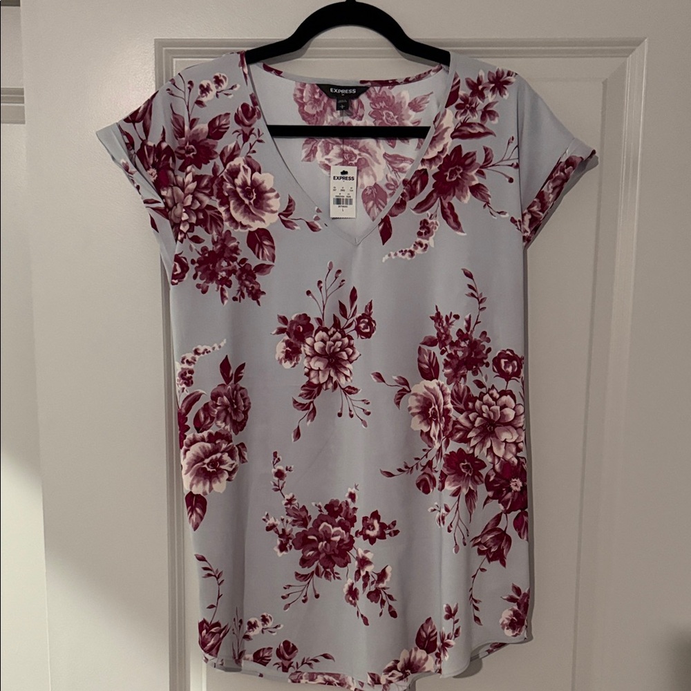Express Light Blue V-Neck Tunic with Burgundy Floral Print